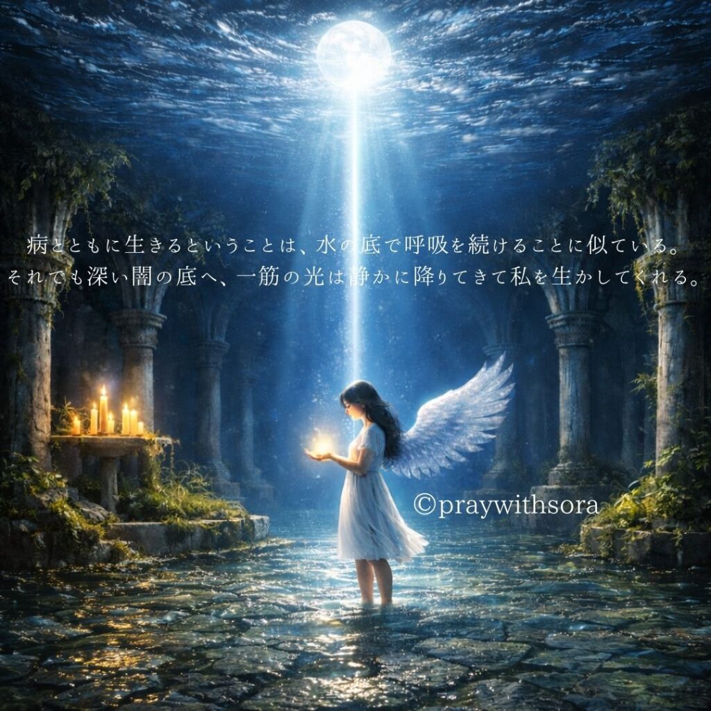 病とともに生きるということは、水の底で呼吸を続けることに似ている。それでも深い闇の底へ、一筋の光は静かに降りてきて私を生かしてくれる。