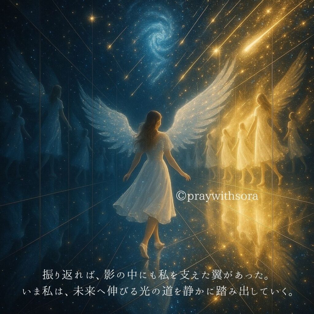 振り返れば、影の中にも私を支えた翼があった。いま私は、未来へ伸びる光の道を静かに踏み出していく。