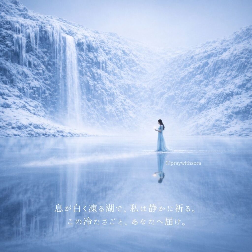 息が白く凍る湖で、私は静かに祈る。この冷たさごと、あなたに届け。