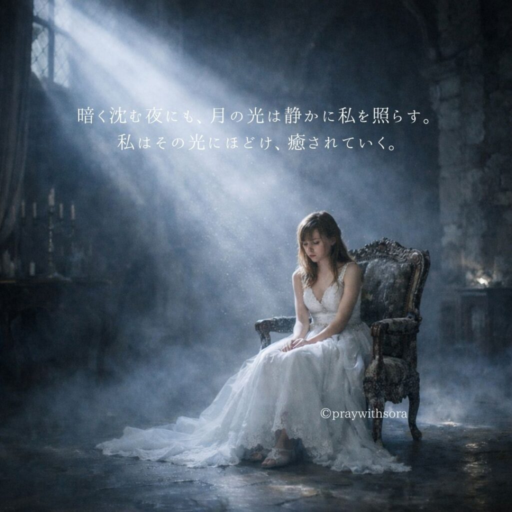 暗く沈む夜にも、月の光は静かに私を照らす。私はその光にほどけ、癒されていく。