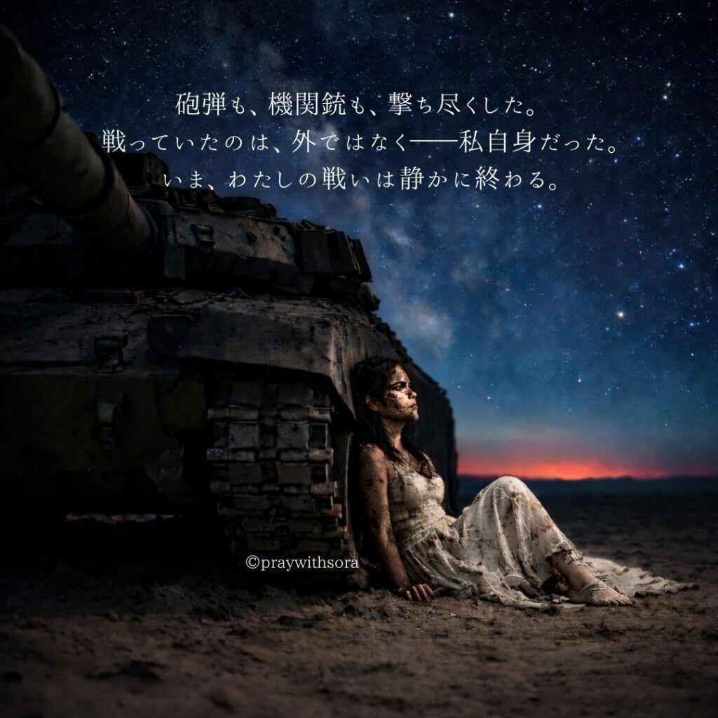 砲弾も、機関銃も、撃ち尽くした。戦っていたのは、ほかではなくー私自信だった。いま、わたしの戦いは静かに終わる。