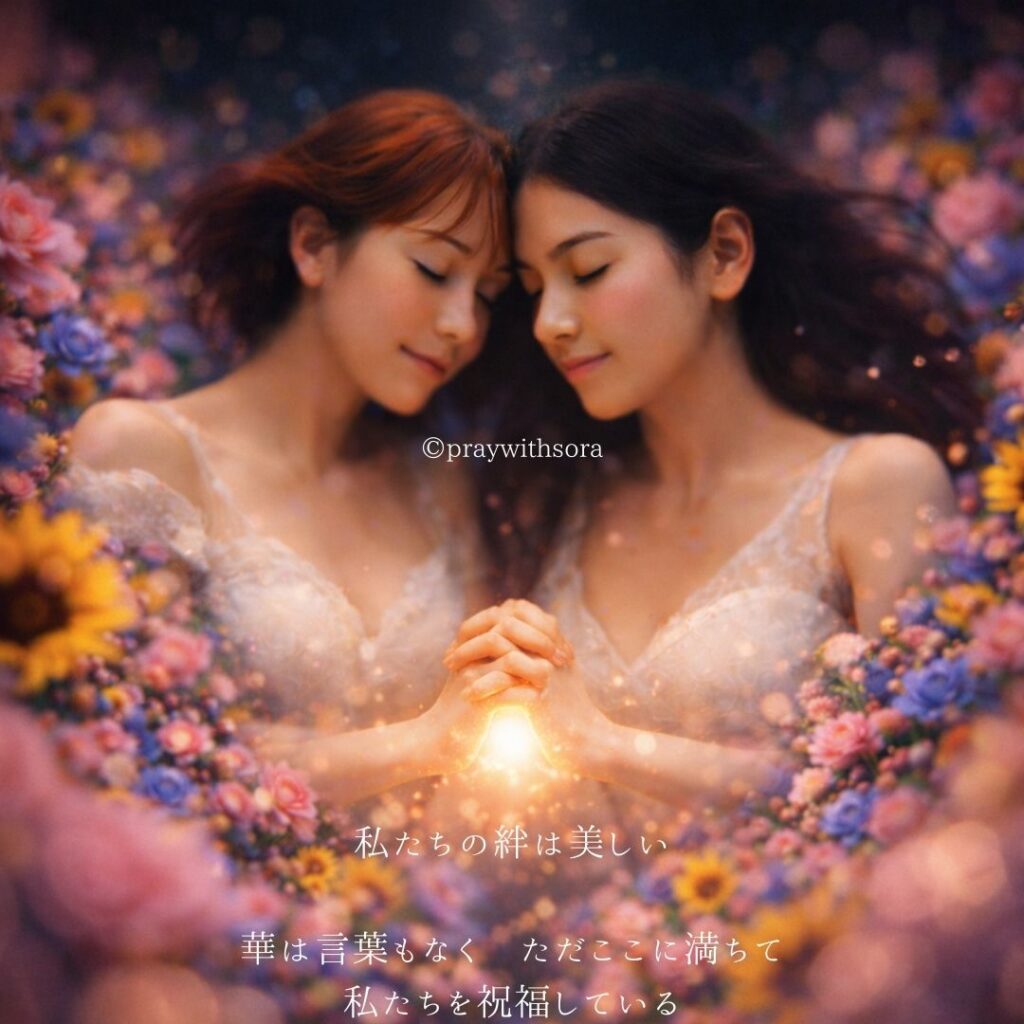 私たちの絆は美しい。華は言葉もなく、ただここに満ちて私たちを祝福している。