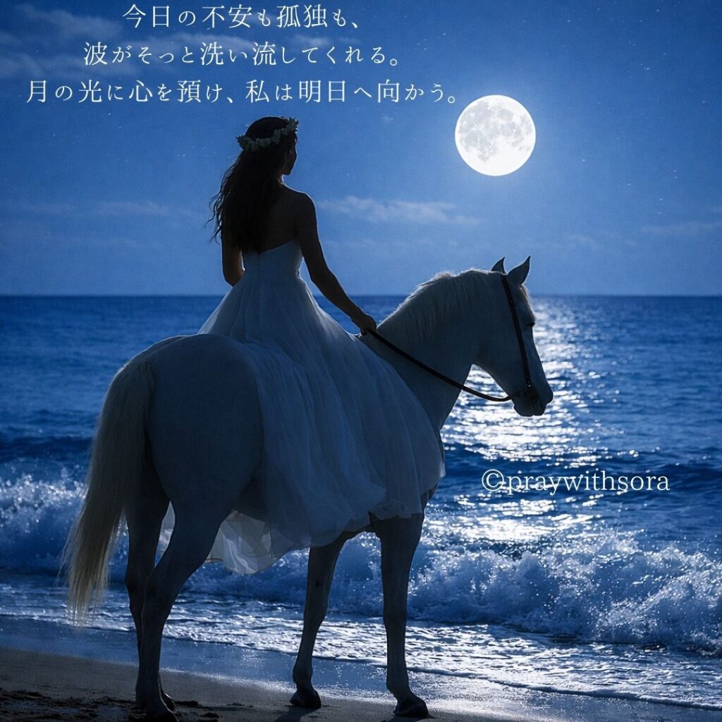 今日の不安も孤独も、波がそっと洗い流してくれる。月の光に心を預け、私は明日へ向かう。