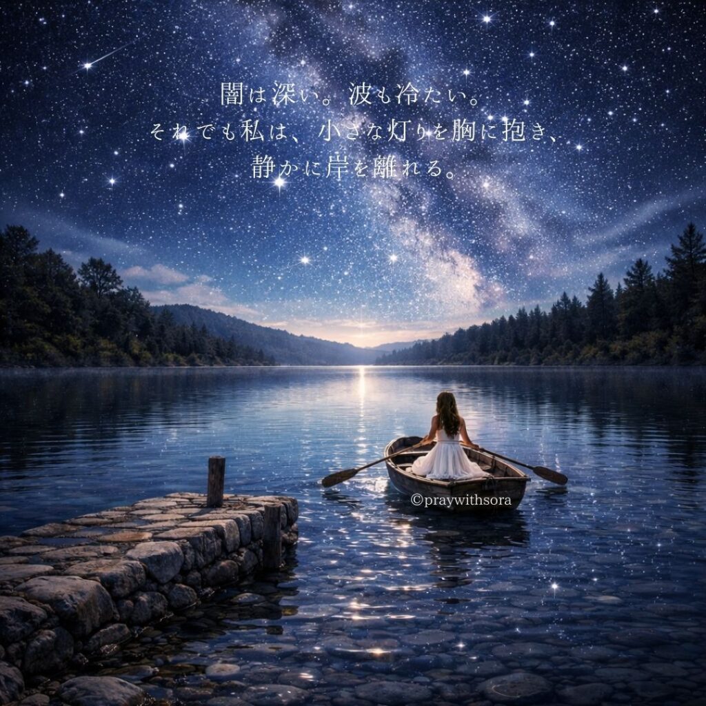 闇は深い。波も冷たい。それでも私は、小さな灯りを胸に抱き、静かに岸を離れる。