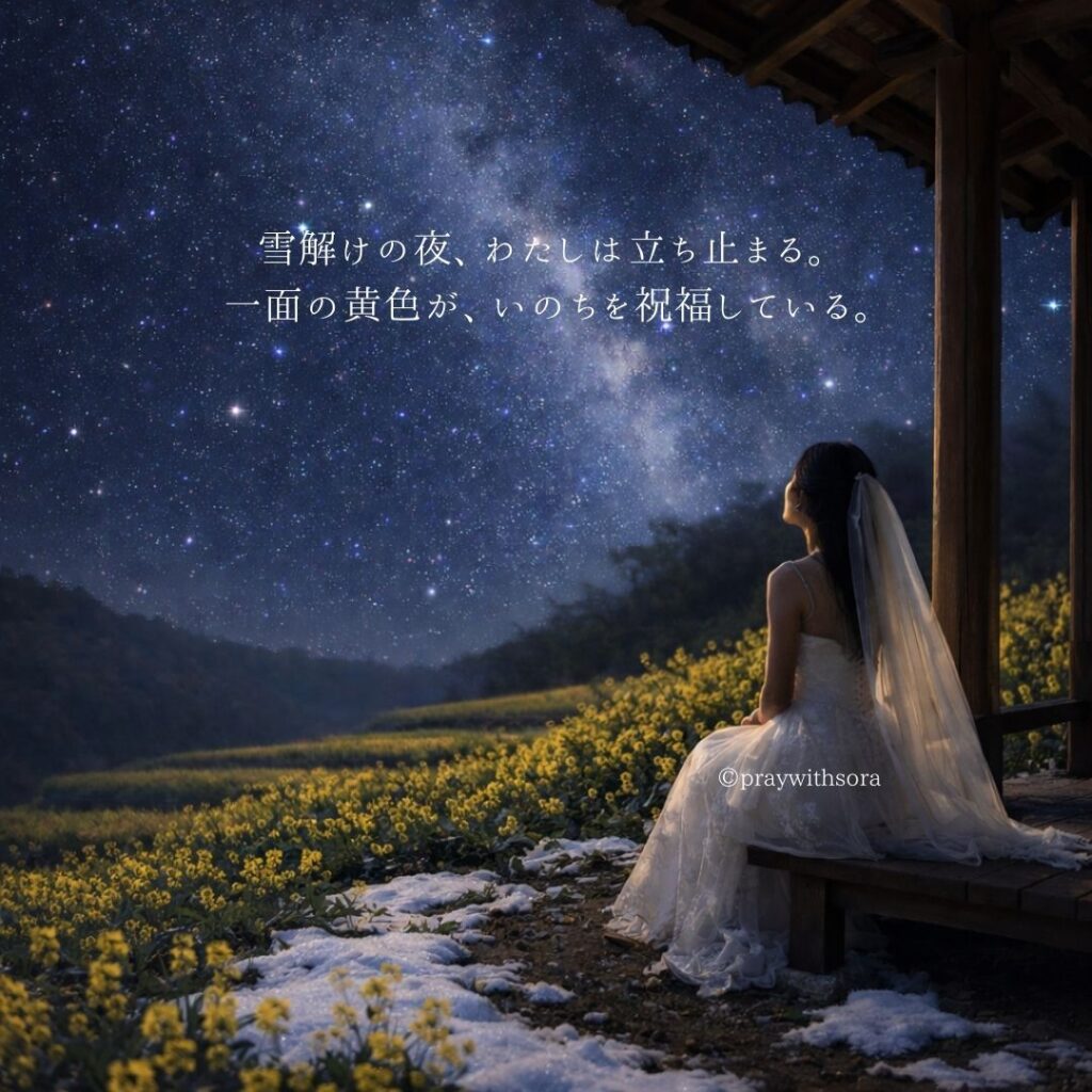 雪解けの夜、わたしは立ち止まる。一面の黄色が、いのちを祝福している。