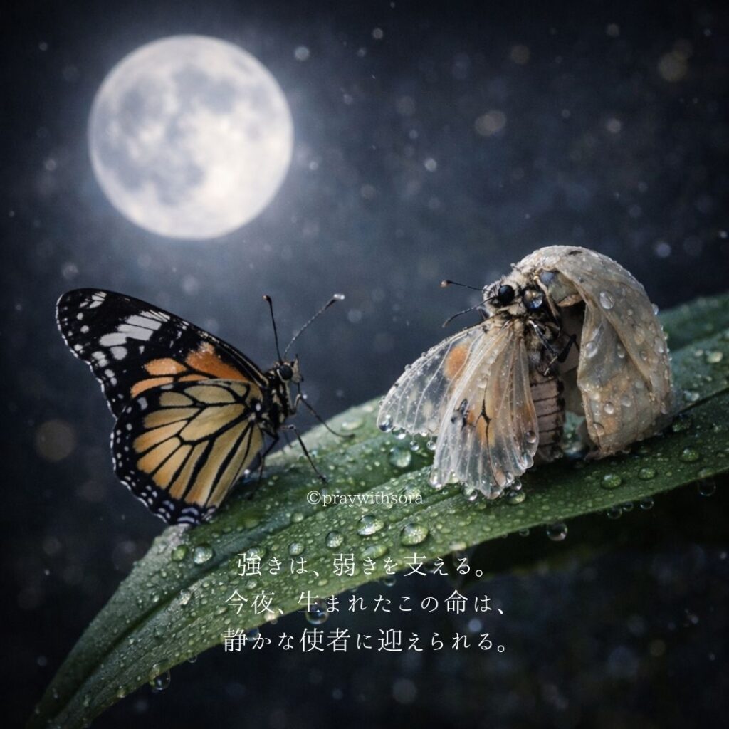 強きは、弱きを支える。今夜、生まれたこの命は、静かな使者に迎えられる。