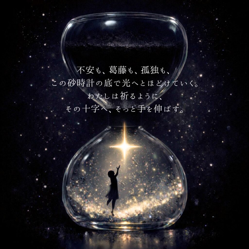 不安も、葛藤も、孤独も、この砂時計の底で光へとほどけていく。わたしは祈るように、その十字へ、そっと手を伸ばす。
